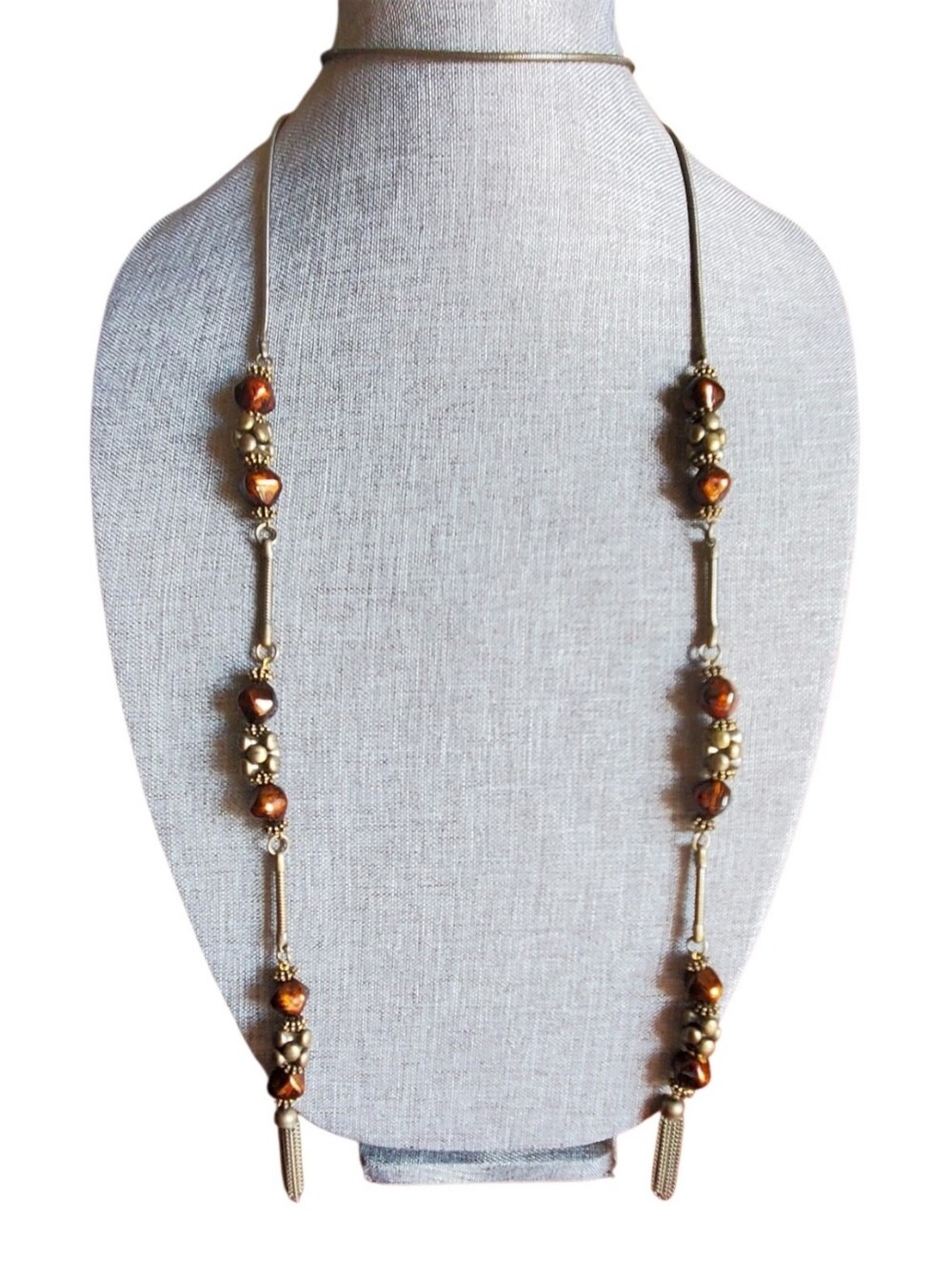 Vtg. Long Bronzy Snake Chain Lariat Tassel Necklace/Belt